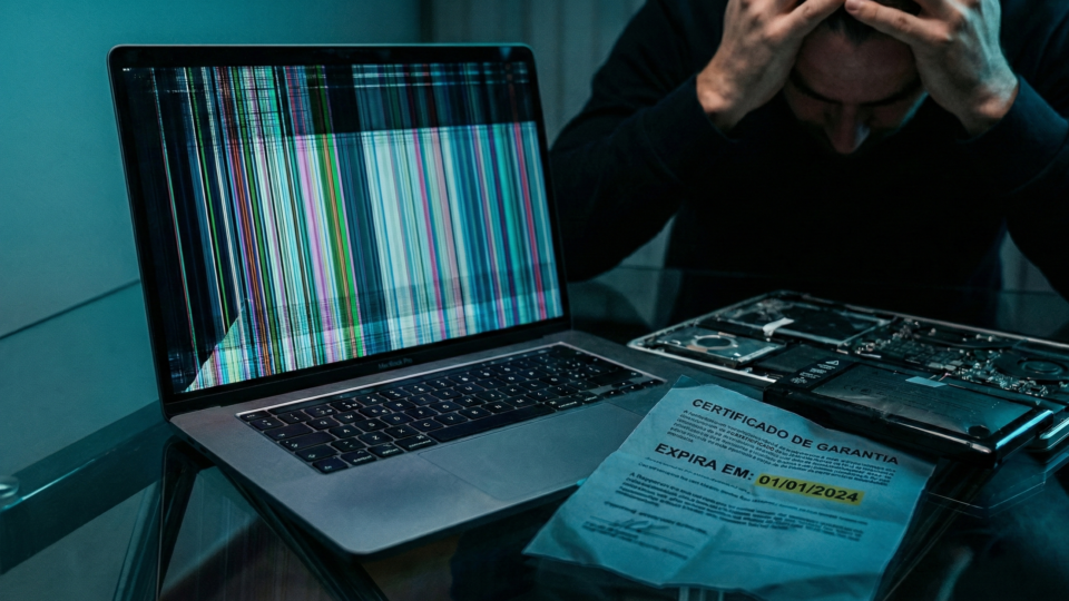 Notebook desmontado com defeito na tela tipo glitch, ao lado de certificado de garantia vencido, ilustrando vício oculto.