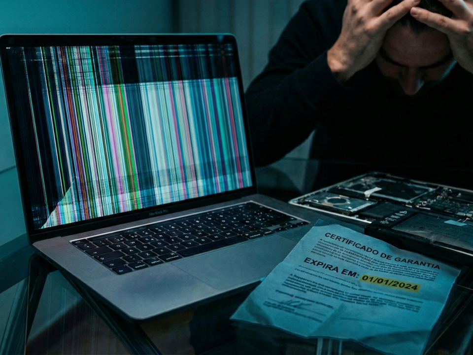 Notebook desmontado com defeito na tela tipo glitch, ao lado de certificado de garantia vencido, ilustrando vício oculto.
