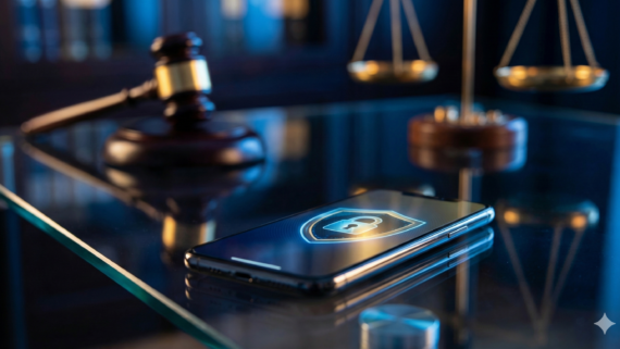 Smartphone sobre mesa de vidro exibindo ícone de escudo azul com "Banking Security Alert", posicionado em primeiro plano. Ao fundo desfocado, um martelo de juiz de madeira e uma balança da justiça dourada, simbolizando a atuação jurídica em golpes bancários. Imagem ilustrativa para o blog do escritório Altíssimo Advogados.