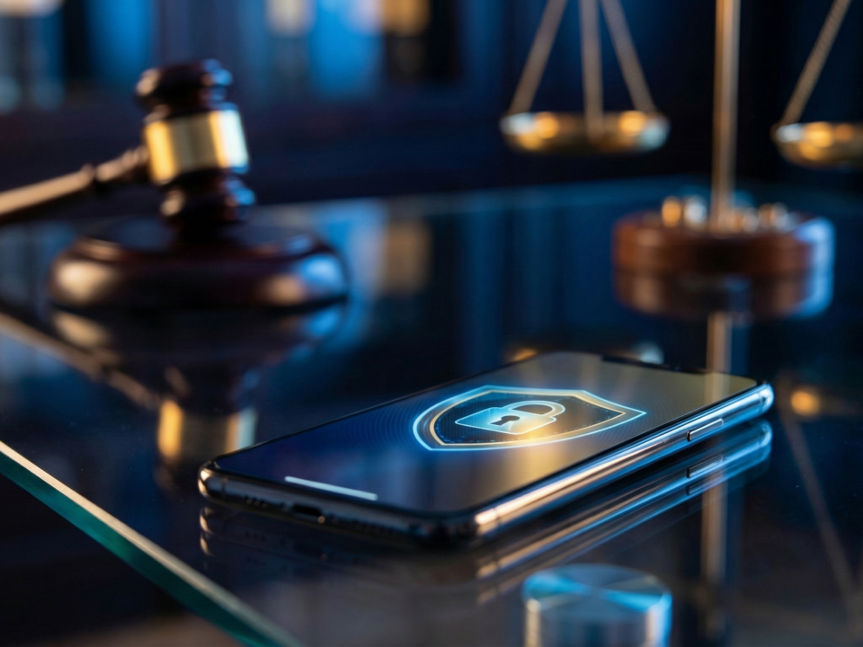 Smartphone sobre mesa de vidro exibindo ícone de escudo azul com "Banking Security Alert", posicionado em primeiro plano. Ao fundo desfocado, um martelo de juiz de madeira e uma balança da justiça dourada, simbolizando a atuação jurídica em golpes bancários. Imagem ilustrativa para o blog do escritório Altíssimo Advogados.