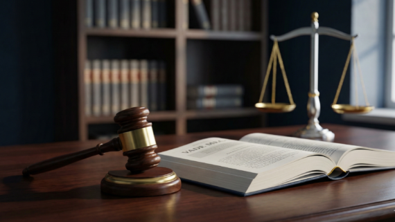 Martelo de juiz sobre mesa de escritório de advocacia criminal, representando a nulidade de provas e inviolabilidade de domicílio.