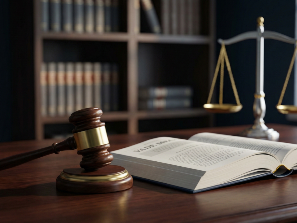 Martelo de juiz sobre mesa de escritório de advocacia criminal, representando a nulidade de provas e inviolabilidade de domicílio.