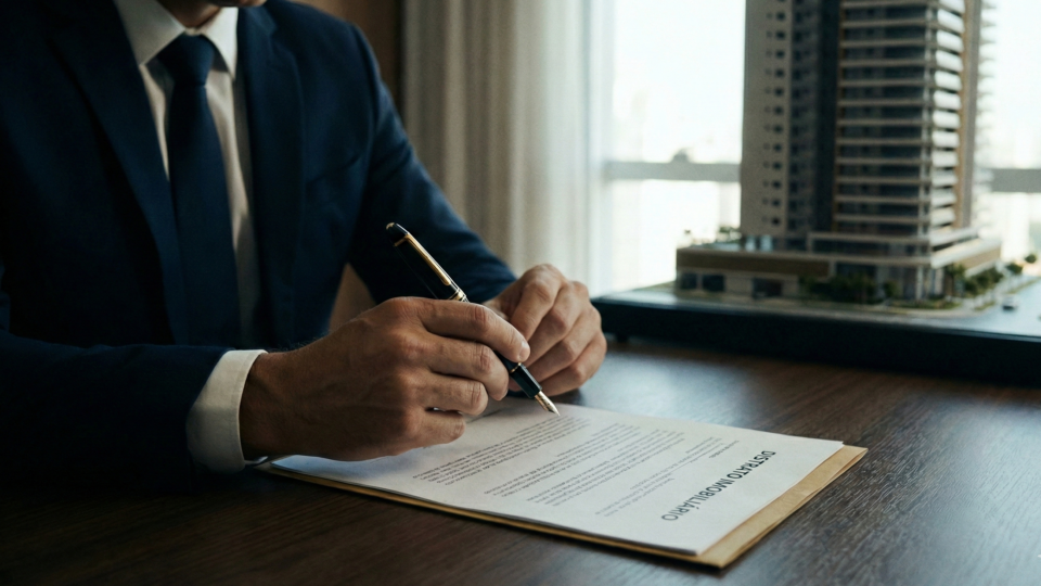 Mãos assinando contrato de distrato imobiliário com maquete de prédio ao fundo, representando direitos do consumidor.