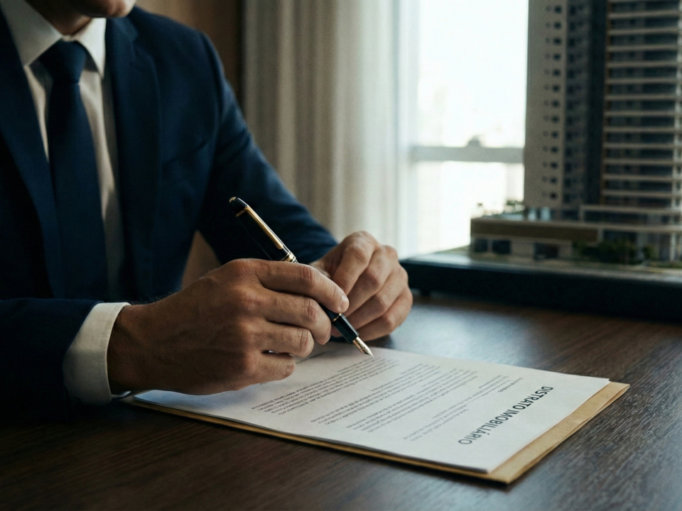 Mãos assinando contrato de distrato imobiliário com maquete de prédio ao fundo, representando direitos do consumidor.