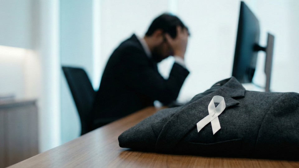 Close-up de um paletó cinza dobrado sobre uma mesa de madeira com um laço branco da campanha Janeiro Branco alfinetado na lapela. Ao fundo, desfocado, um homem de terno está sentado em um escritório com as mãos na cabeça, demonstrando sinais de exaustão e burnout.