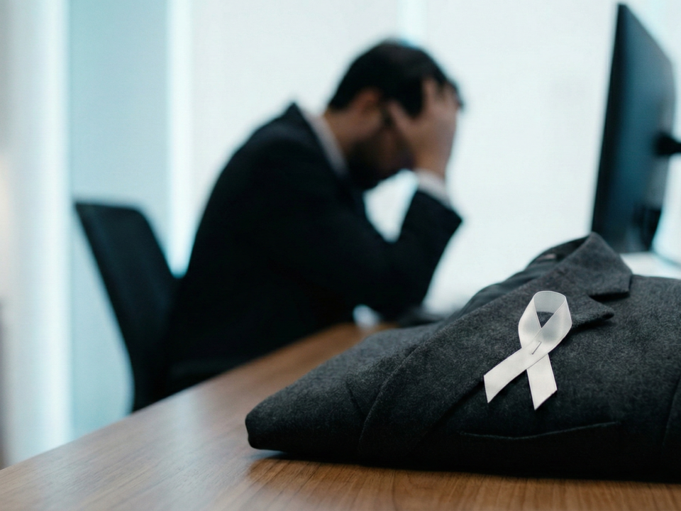 Close-up de um paletó cinza dobrado sobre uma mesa de madeira com um laço branco da campanha Janeiro Branco alfinetado na lapela. Ao fundo, desfocado, um homem de terno está sentado em um escritório com as mãos na cabeça, demonstrando sinais de exaustão e burnout.