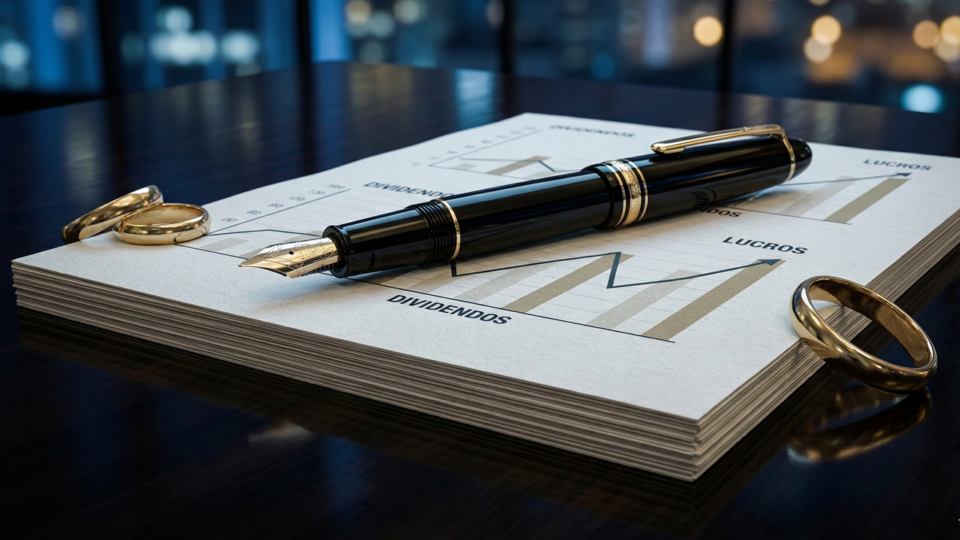 Caneta de luxo sobre gráfico de dividendos com alianças de casamento separadas, ilustrando partilha de bens empresariais.
