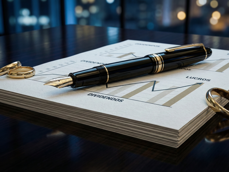 Caneta de luxo sobre gráfico de dividendos com alianças de casamento separadas, ilustrando partilha de bens empresariais.