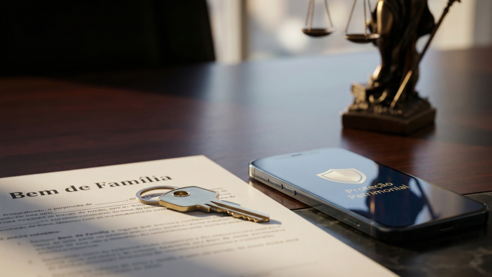 Chave de casa sobre mesa de escritório de advocacia com celular e balança da justiça ao fundo, simbolizando proteção do bem de família.