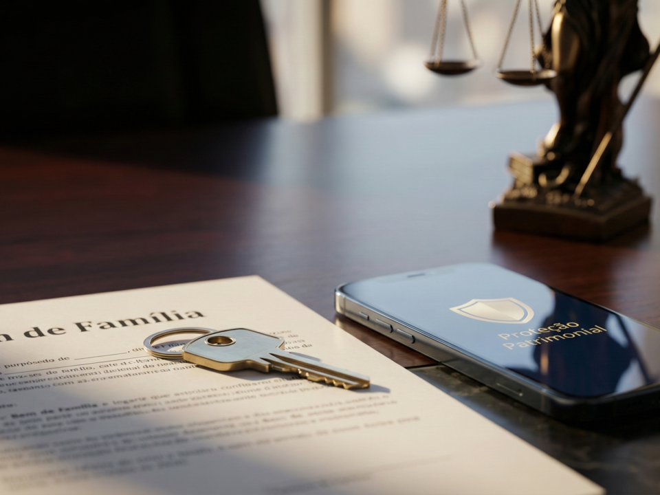 Chave de casa sobre mesa de escritório de advocacia com celular e balança da justiça ao fundo, simbolizando proteção do bem de família.
