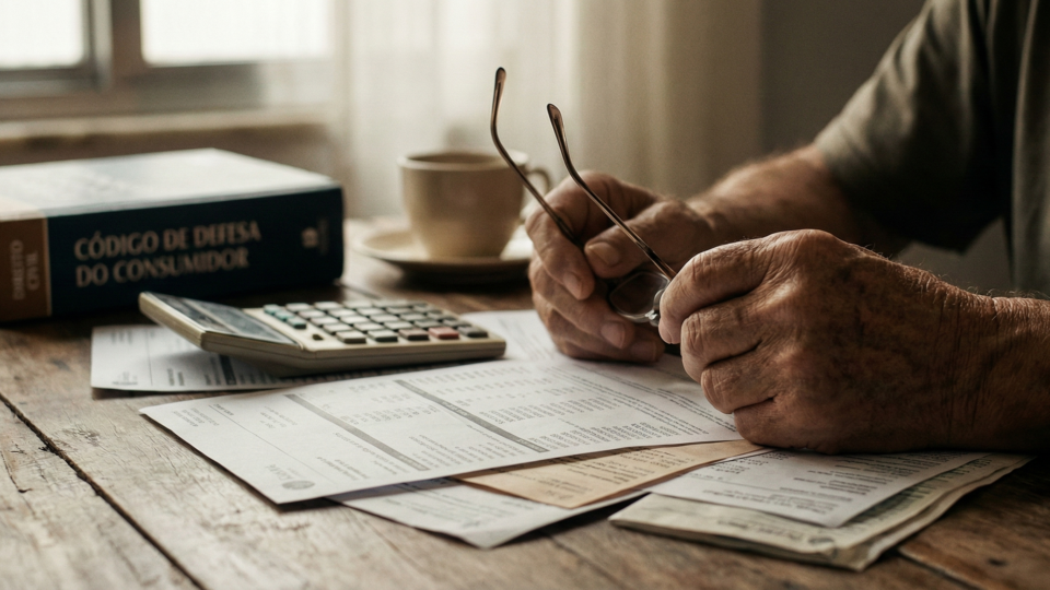 Close-up das mãos de um idoso segurando óculos sobre uma mesa de madeira com extratos bancários e calculadora. Ao fundo, vê-se nitidamente um livro com o título "CÓDIGO DE DEFESA DO CONSUMIDOR", ilustrando a proteção jurídica contra o superendividamento.