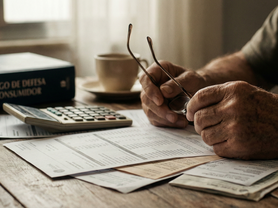 Close-up das mãos de um idoso segurando óculos sobre uma mesa de madeira com extratos bancários e calculadora. Ao fundo, vê-se nitidamente um livro com o título "CÓDIGO DE DEFESA DO CONSUMIDOR", ilustrando a proteção jurídica contra o superendividamento.