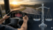 Motorista profissional segurando o volante de um caminhão com expressão preocupada, sobreposto por um ícone digital de notificação de multa e uma balança da justiça dourada em segundo plano.