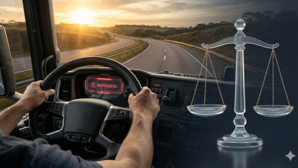 Motorista profissional segurando o volante de um caminhão com expressão preocupada, sobreposto por um ícone digital de notificação de multa e uma balança da justiça dourada em segundo plano.