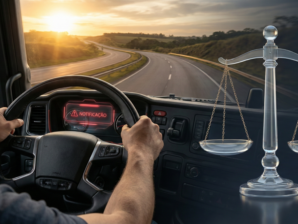 Motorista profissional segurando o volante de um caminhão com expressão preocupada, sobreposto por um ícone digital de notificação de multa e uma balança da justiça dourada em segundo plano.