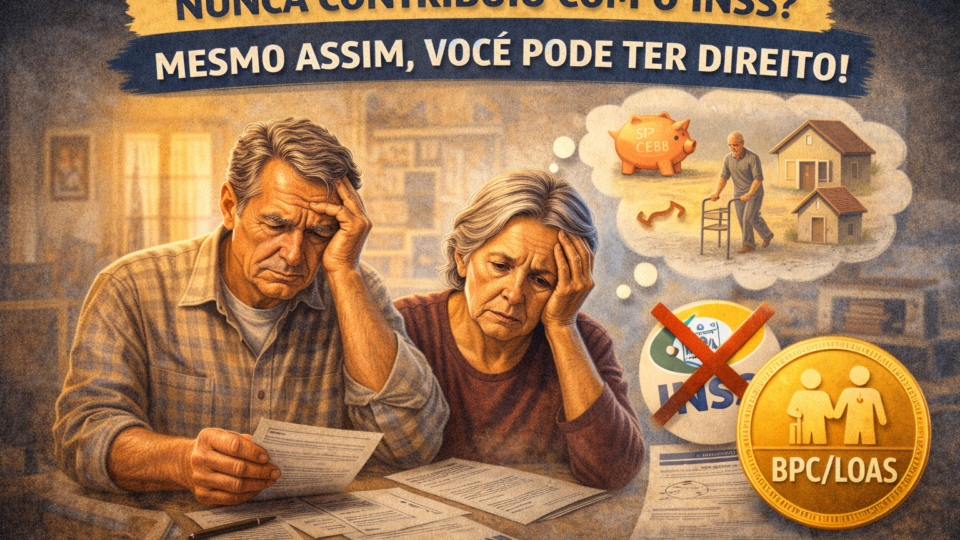 Casal idoso preocupado analisando documentos com símbolo do INSS negado e destaque para benefício assistencial BPC LOAS