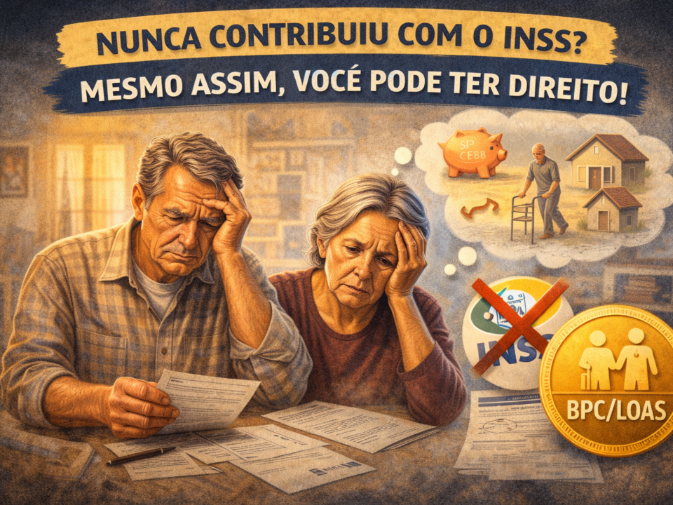 Casal idoso preocupado analisando documentos com símbolo do INSS negado e destaque para benefício assistencial BPC LOAS