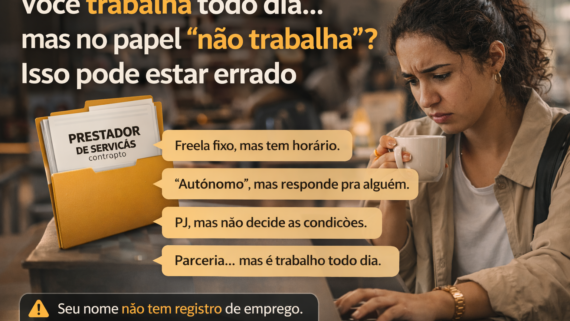 Mulher brasileira em um café, com expressão preocupada, olhando para o notebook enquanto segura uma xícara de café, com textos na imagem sobre trabalho sem registro.
