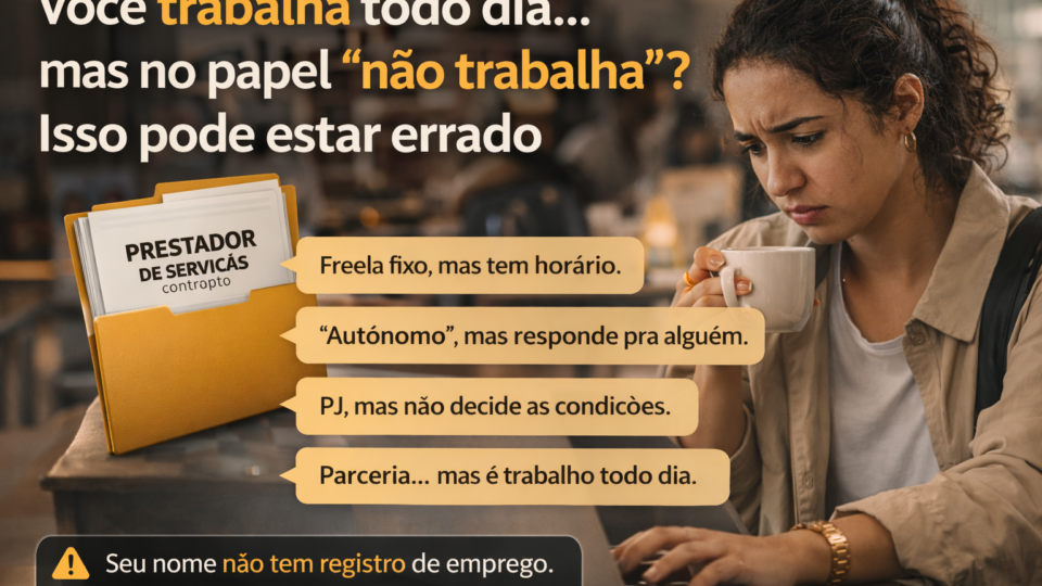 Mulher brasileira em um café, com expressão preocupada, olhando para o notebook enquanto segura uma xícara de café, com textos na imagem sobre trabalho sem registro.