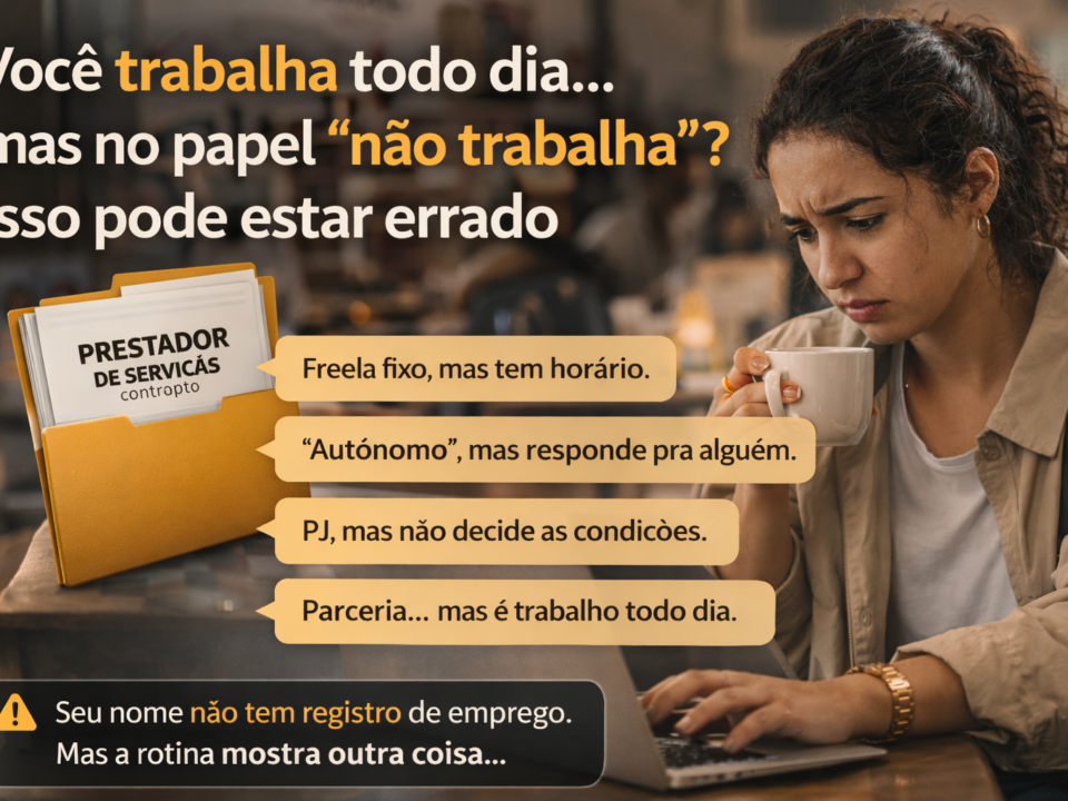 Mulher brasileira em um café, com expressão preocupada, olhando para o notebook enquanto segura uma xícara de café, com textos na imagem sobre trabalho sem registro.