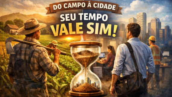 Ilustração mostrando a transição do trabalho rural para o urbano, com um agricultor no campo de um lado e trabalhadores na cidade do outro, unidos por uma ampulheta que simboliza a soma do tempo de trabalho para aposentadoria