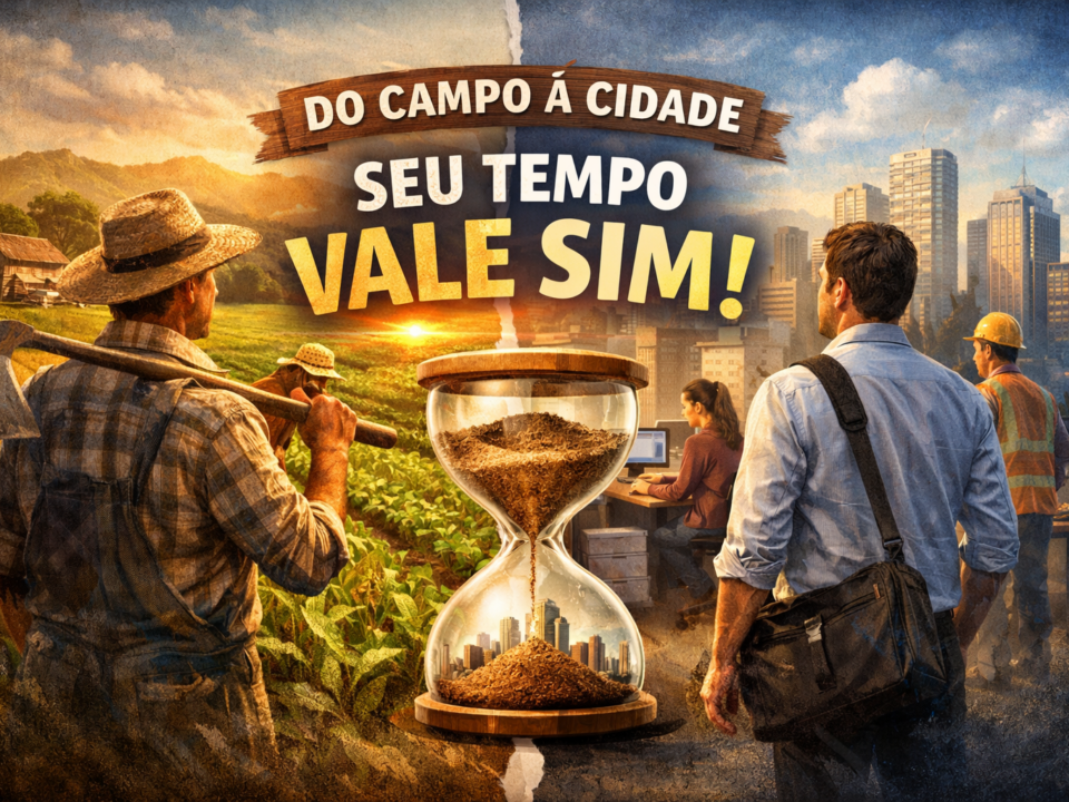 Ilustração mostrando a transição do trabalho rural para o urbano, com um agricultor no campo de um lado e trabalhadores na cidade do outro, unidos por uma ampulheta que simboliza a soma do tempo de trabalho para aposentadoria
