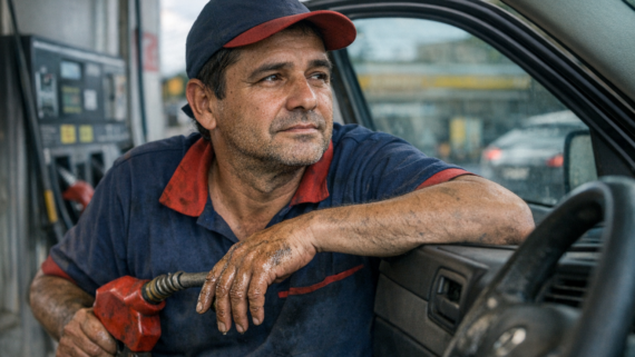 Frentista apoiado na porta de um carro enquanto abastece, com a mão suja de gasolina e olhar distante, em um posto de combustível.