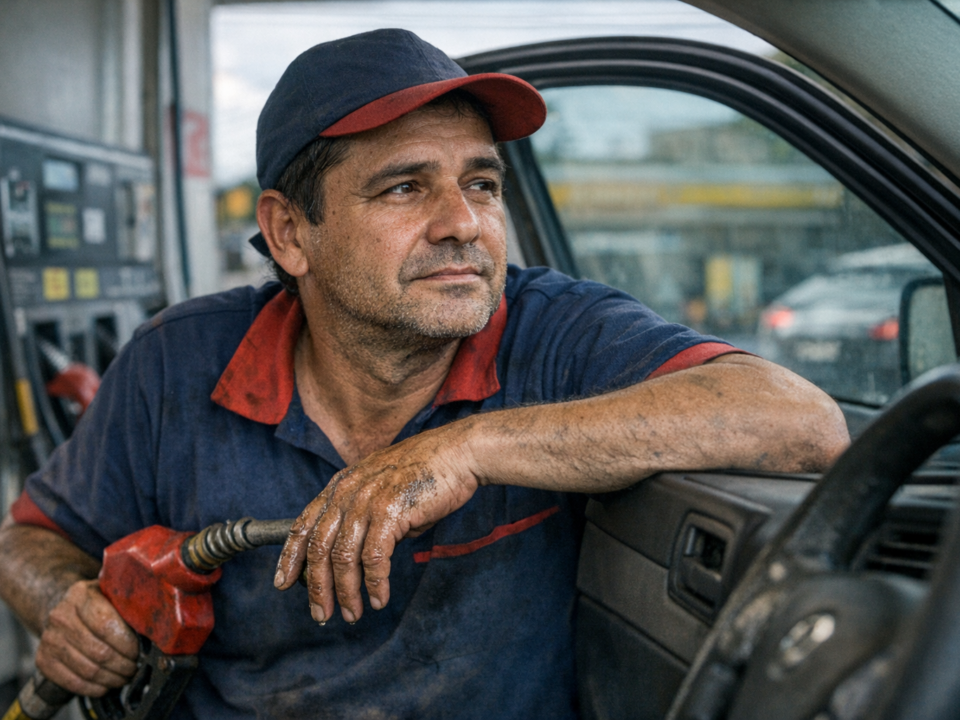 Frentista apoiado na porta de um carro enquanto abastece, com a mão suja de gasolina e olhar distante, em um posto de combustível.
