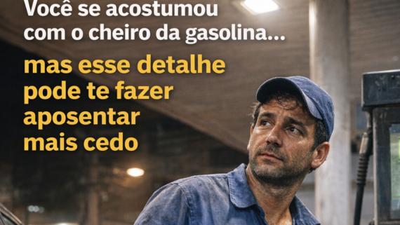 Frentista abastece um carro à noite em um posto de gasolina, com uniforme sujo e expressão cansada, enquanto segura a bomba de combustível; texto na imagem destaca o impacto desse trabalho na aposentadoria.