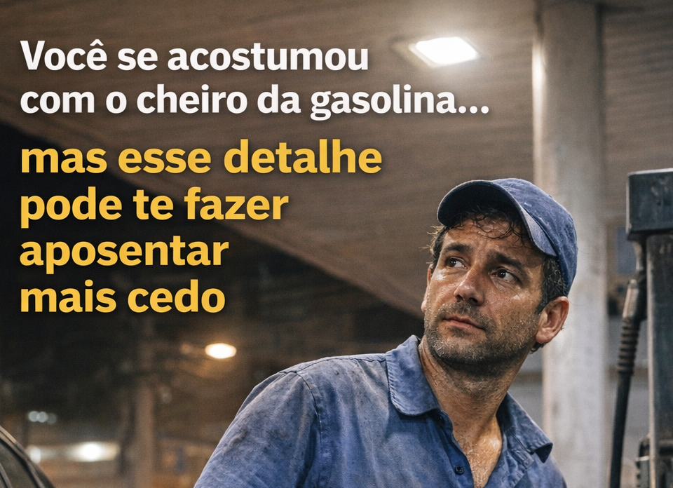 Frentista abastece um carro à noite em um posto de gasolina, com uniforme sujo e expressão cansada, enquanto segura a bomba de combustível; texto na imagem destaca o impacto desse trabalho na aposentadoria.