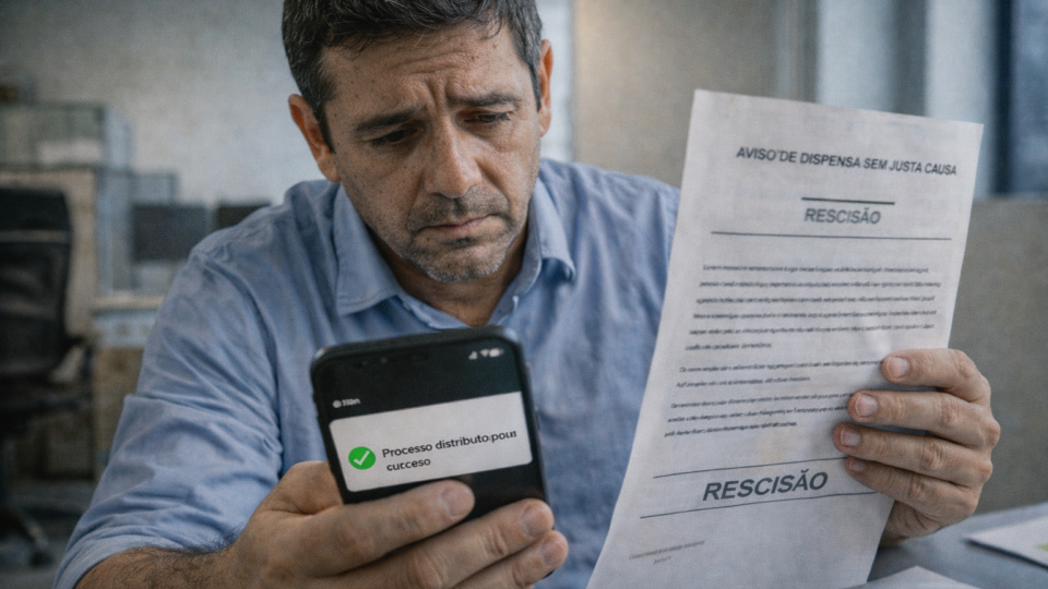 Homem sentado em um escritório segura o celular com a confirmação de um processo enquanto lê um documento de rescisão, com expressão preocupada.