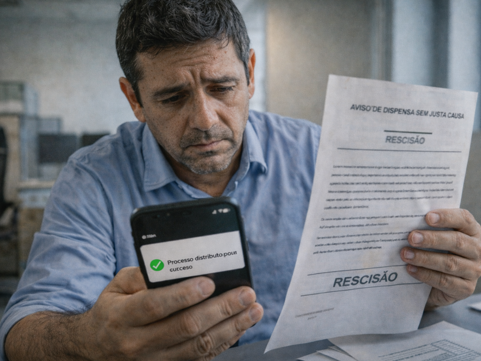 Homem sentado em um escritório segura o celular com a confirmação de um processo enquanto lê um documento de rescisão, com expressão preocupada.