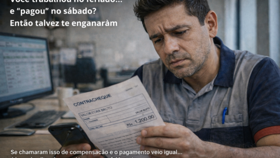 Homem sentado em um ambiente de trabalho analisa um contracheque enquanto segura o celular, com expressão de dúvida e preocupação.