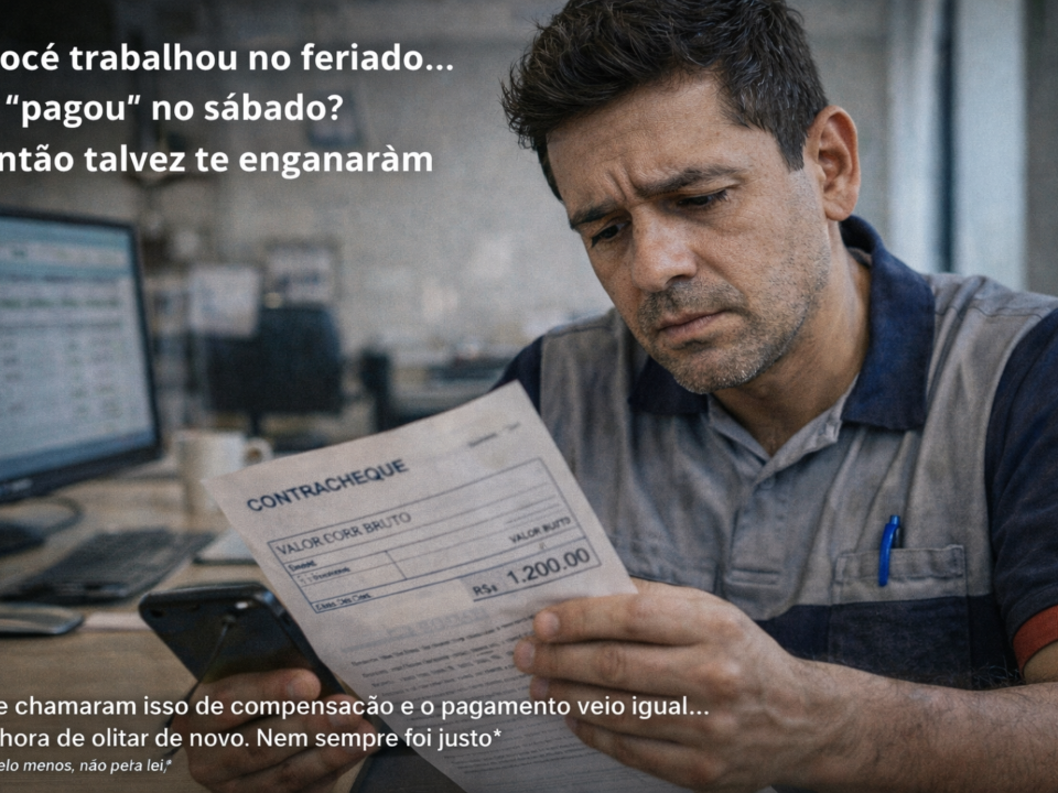 Homem sentado em um ambiente de trabalho analisa um contracheque enquanto segura o celular, com expressão de dúvida e preocupação.