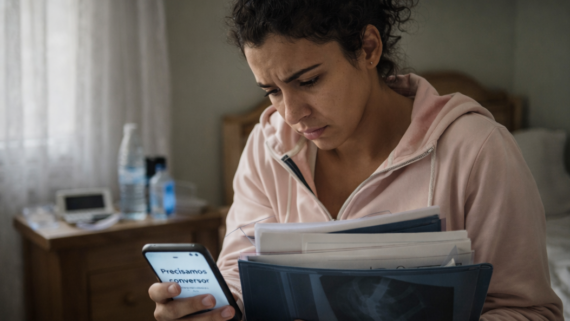 Mulher brasileira com expressão preocupada segura uma pasta com exames médicos enquanto olha para o celular, onde aparece a mensagem “Precisamos conversar”, em um quarto simples iluminado por luz natural.