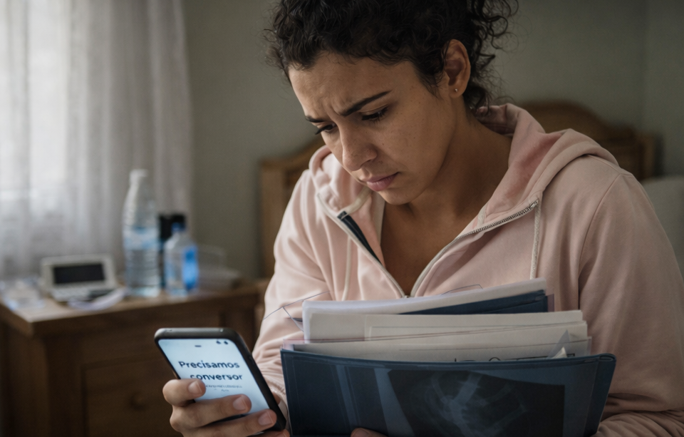 Mulher brasileira com expressão preocupada segura uma pasta com exames médicos enquanto olha para o celular, onde aparece a mensagem “Precisamos conversar”, em um quarto simples iluminado por luz natural.