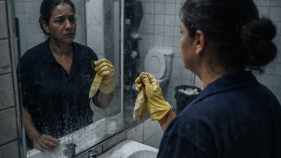 Trabalhadora da limpeza em um banheiro público olha para o próprio reflexo em um espelho sujo enquanto segura uma luva amarela desgastada, com expressão cansada e ambiente frio e desgastado ao redor.
