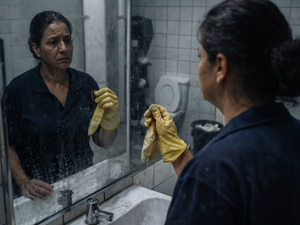 Trabalhadora da limpeza em um banheiro público olha para o próprio reflexo em um espelho sujo enquanto segura uma luva amarela desgastada, com expressão cansada e ambiente frio e desgastado ao redor.