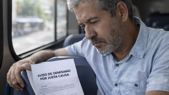 Homem brasileiro sentado dentro de um ônibus segura um documento de demissão por justa causa enquanto observa o papel com expressão pensativa, com a cidade desfocada ao fundo.