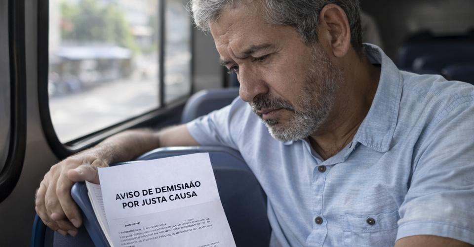Homem brasileiro sentado dentro de um ônibus segura um documento de demissão por justa causa enquanto observa o papel com expressão pensativa, com a cidade desfocada ao fundo.