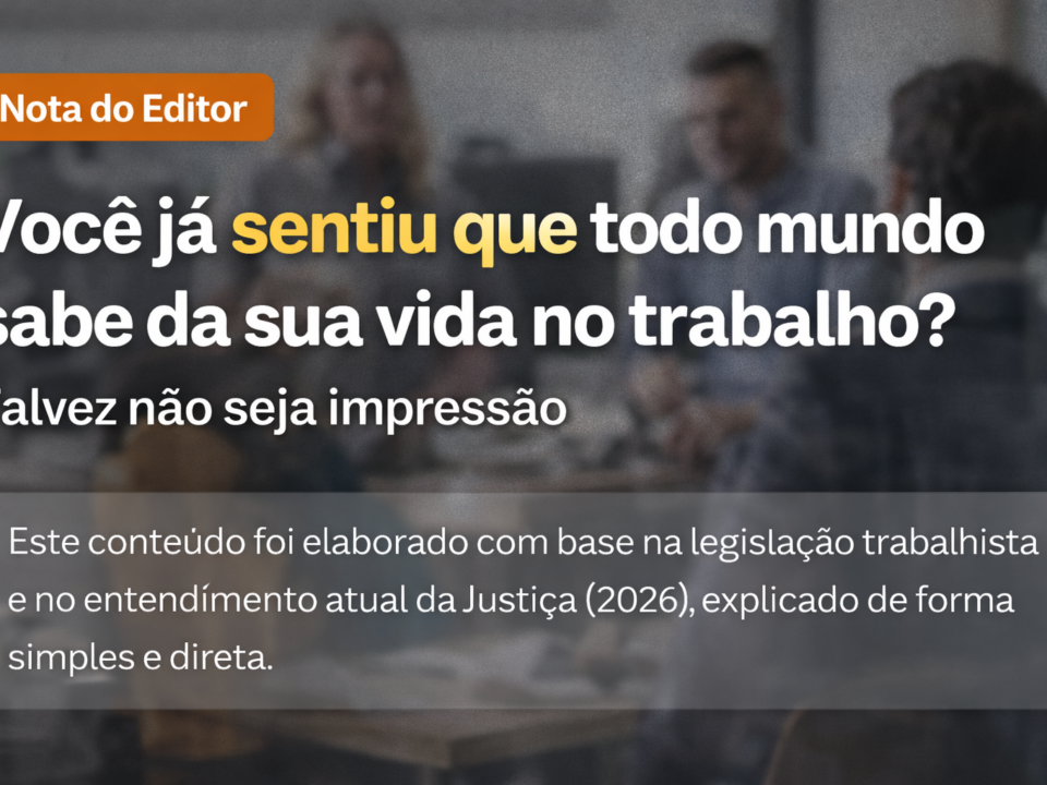 Imagem com fundo desfocado de um ambiente de escritório, onde algumas pessoas parecem conversar ao fundo, enquanto em primeiro plano há um texto em destaque questionando se todos sabem da sua vida no trabalho, acompanhado de uma nota explicativa sobre legislação trabalhista.