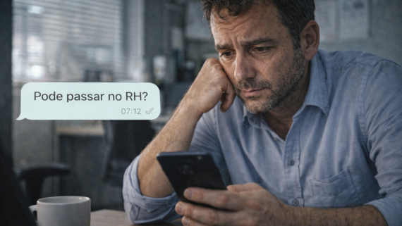Homem adulto sentado à mesa observa o celular com expressão preocupada ao ler a mensagem “Pode passar no RH?” enviada às 07:12, com uma xícara de café ao lado em um ambiente de escritório.