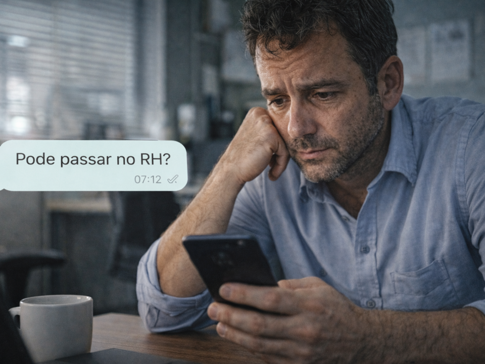 Homem adulto sentado à mesa observa o celular com expressão preocupada ao ler a mensagem “Pode passar no RH?” enviada às 07:12, com uma xícara de café ao lado em um ambiente de escritório.