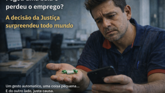 Homem em ambiente de trabalho segura uma bala na mão enquanto olha para o celular, com expressão de dúvida e preocupação.