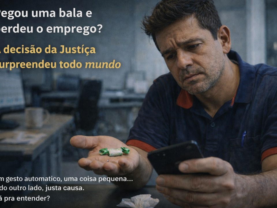 Homem em ambiente de trabalho segura uma bala na mão enquanto olha para o celular, com expressão de dúvida e preocupação.
