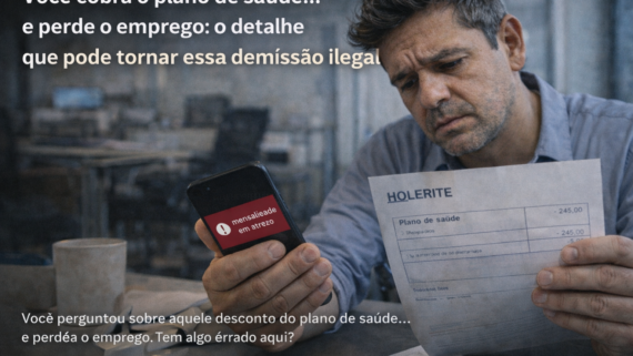Homem em ambiente de trabalho analisa um holerite enquanto segura o celular com aviso de mensalidade em atraso, com expressão de preocupação.