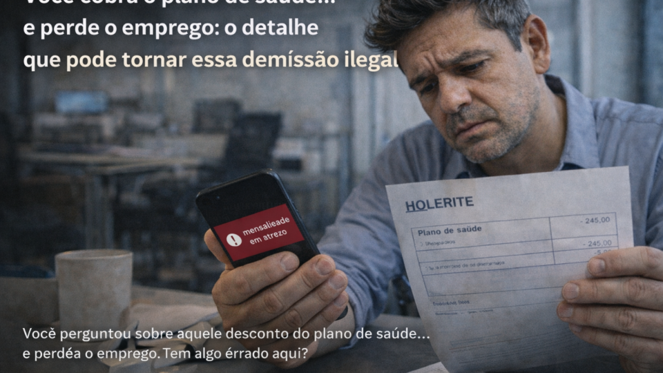 Homem em ambiente de trabalho analisa um holerite enquanto segura o celular com aviso de mensalidade em atraso, com expressão de preocupação.