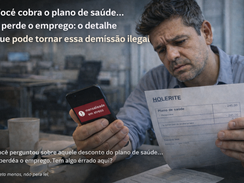 Homem em ambiente de trabalho analisa um holerite enquanto segura o celular com aviso de mensalidade em atraso, com expressão de preocupação.
