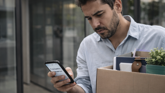 Homem brasileiro recém-demitido segura uma caixa com seus pertences enquanto olha preocupado para o celular, onde aparece uma mensagem do banco sobre empréstimo consignado.