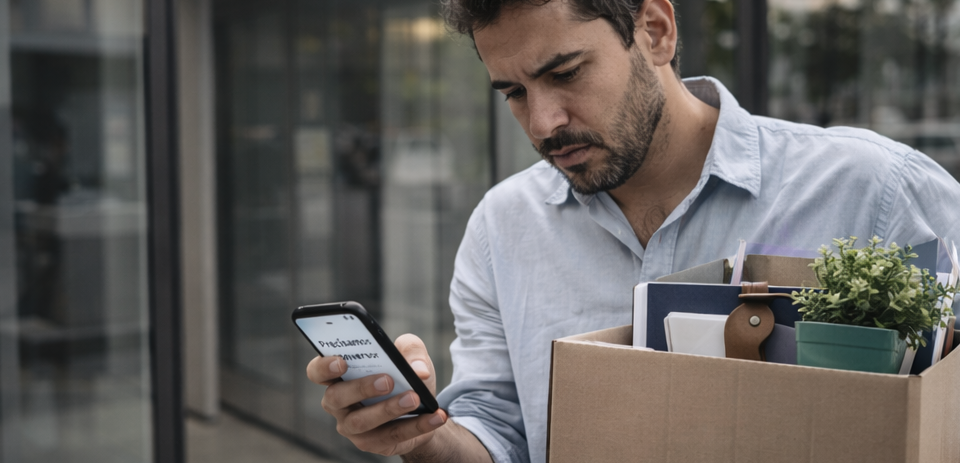 Homem brasileiro recém-demitido segura uma caixa com seus pertences enquanto olha preocupado para o celular, onde aparece uma mensagem do banco sobre empréstimo consignado.